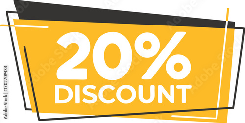 Vector art of bold yellow banner with white text announcing a 20 discount, perfect for sales and promotions