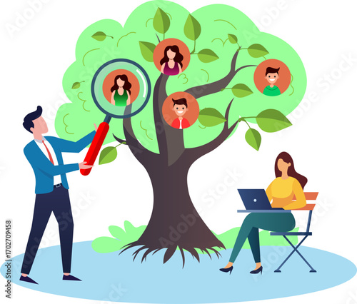 Happy family studying genealogical tree searching relatives bonding from wife and husband