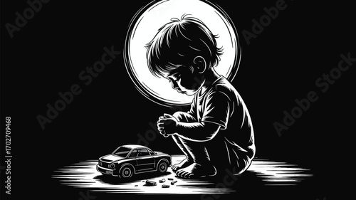 Heartbreaking scene of child sadly looking at broken toy car in a dark room with backlight
