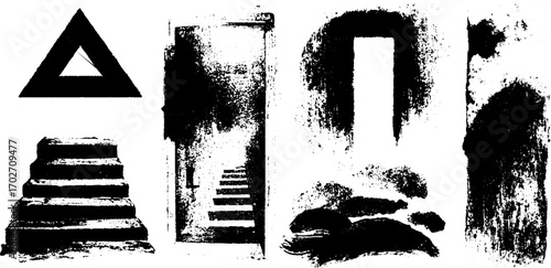 Black ink silhouette of neon noir motel signs and abstract shapes