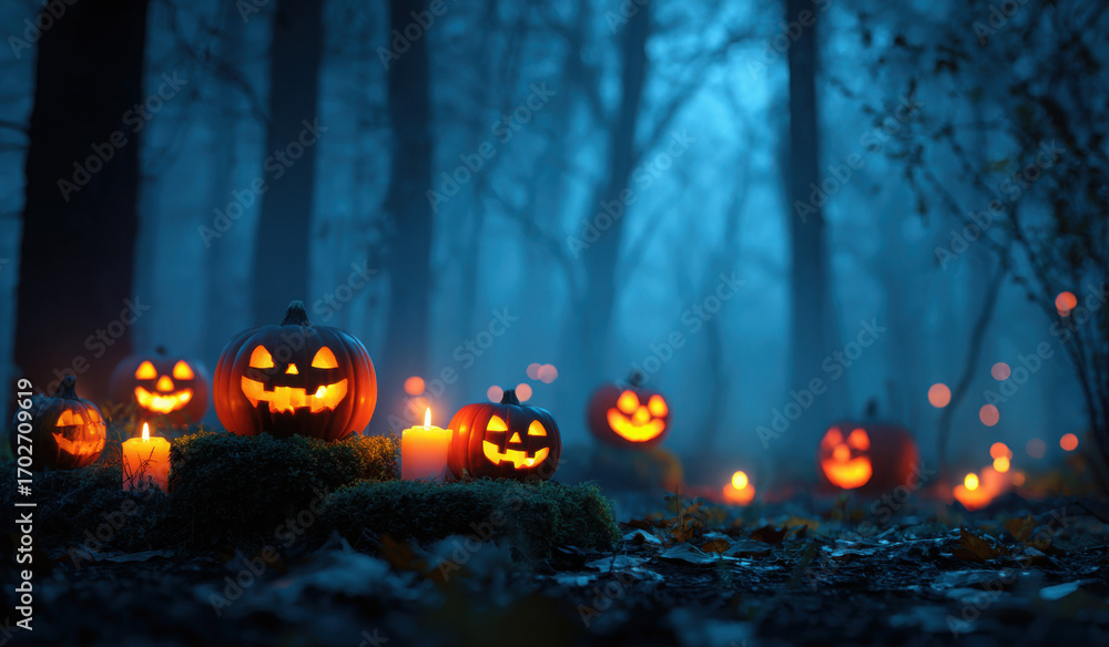 Fototapeta premium A spooky Halloween scene in a dark forest with glowing jack-o'-lanterns and candles.
