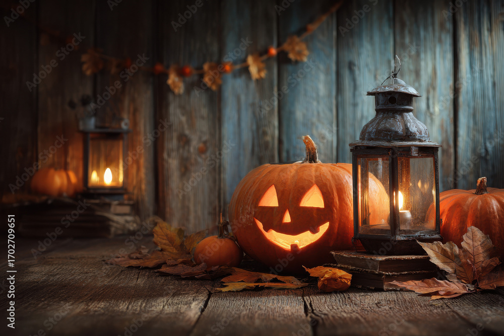 Obraz premium Halloween pumpkins and lanterns on a rustic wooden table with autumn leaves and decorations.