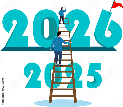 Vision to lead business to achieve goal businessman leader climb up to reach top of ladder high in the sky look forward to future 2025-2026 Years Ladder of success