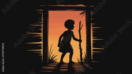 Explore a new world with a child's silhouette and stick in a sunset landscape illustration