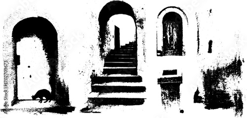 Black ink silhouette of nighttime urban alley with doors and staircase