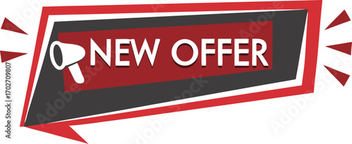 Vector art of new offer banner with megaphone icon and red and black abstract shape
