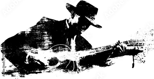 Noir mafia 1920s silhouette with guitar: black ink grunge style illustration