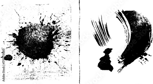 Black ink silhouette set: abstract painting strokes and artistic splatter for creative design