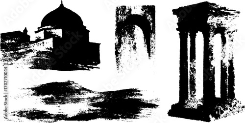 Historic architecture silhouettes with palaces domes and arches in black ink style