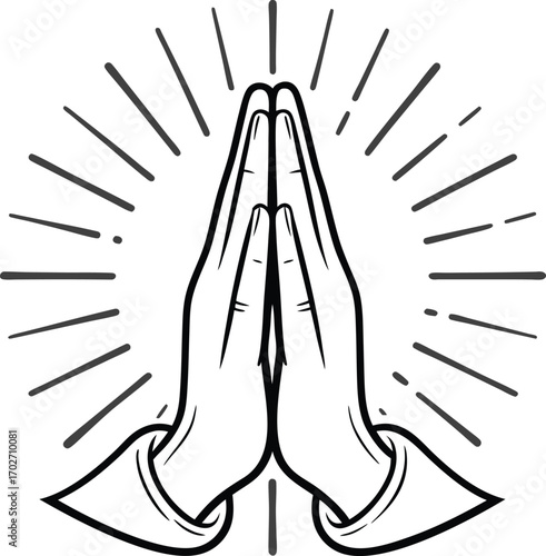 Vector art of stylized illustration of praying hands with radiating lines