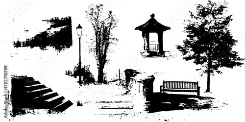 Black ink silhouette of park elements: bench, lantern, gazebo, tree, and stairs for urban design