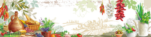 Food Border with Vegetables Herbs and Bread