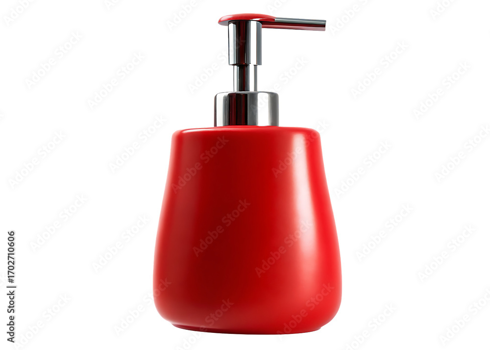 Fototapeta premium Red soap dispenser with chrome pump isolated on a transparent background
