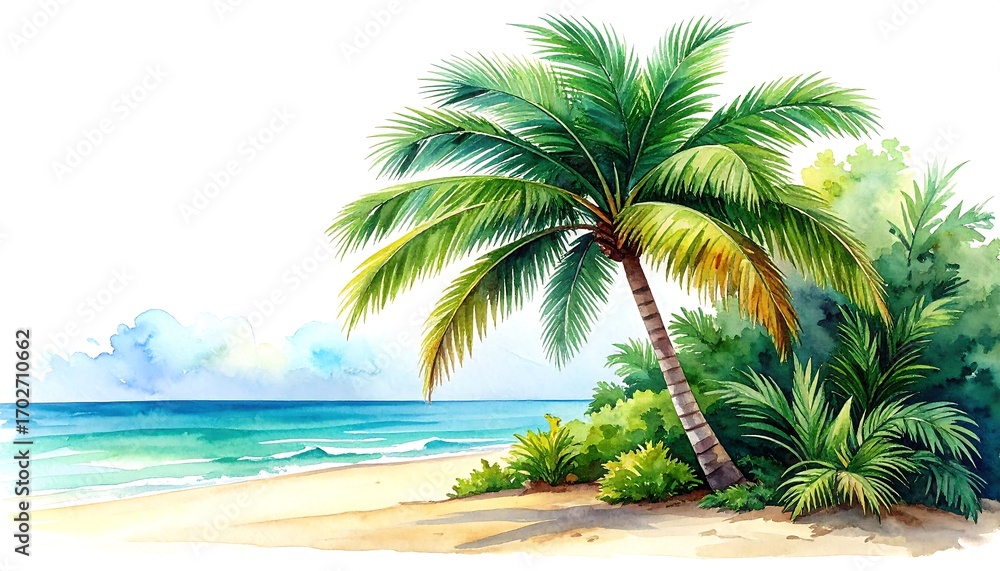 Obraz premium Watercolor painting of a tropical beach scene