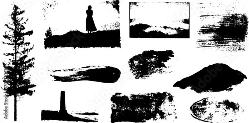 Black ink silhouette set: photo collage with film style and natural elements