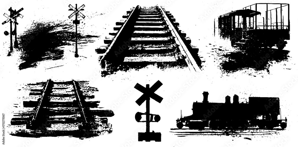 Fototapeta premium Black ink silhouette collection of railway crossings and trains for urban design