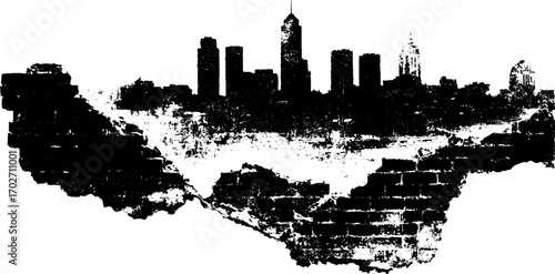 Black ink silhouette of post-apocalyptic urban ruins scene for grunge art design