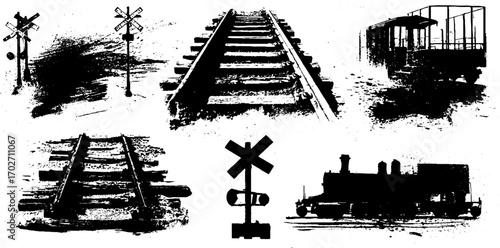 Black ink silhouette collection of railway crossings and trains for urban design