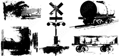 Black ink silhouette of railway crossings and train cars for urban design and posters
