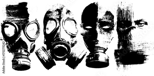 Black ink silhouette set featuring gas masks and respirators for urban art design