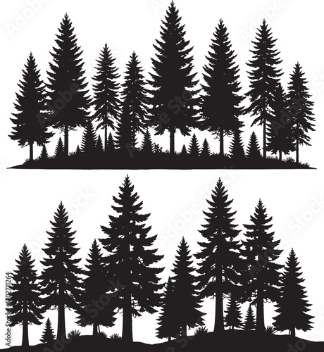 Vector art of a silhouette of a dense forest of pine and evergreen trees isolated on a transparent background