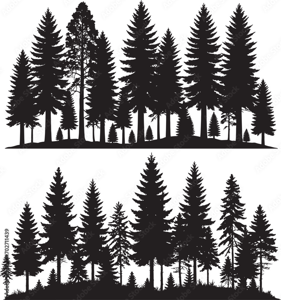 Obraz premium Vector art of a silhouette of a dense forest of pine and evergreen trees isolated on a transparent background
