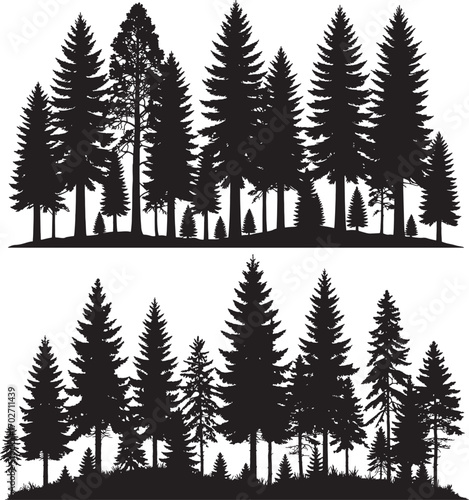 Vector art of a silhouette of a dense forest of pine and evergreen trees isolated on a transparent background