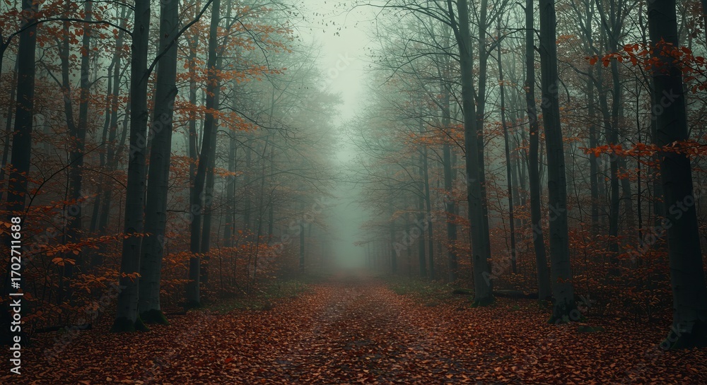 Fototapeta premium A path through a misty autumn forest with tall, bare trees and a ground covered in fallen orange and brown leaves.