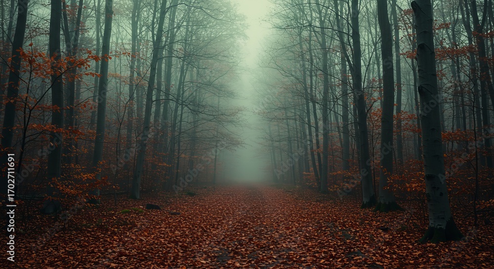 Obraz premium A misty path lined with tall trees and covered in fallen autumn leaves creates a somber, natural scene.