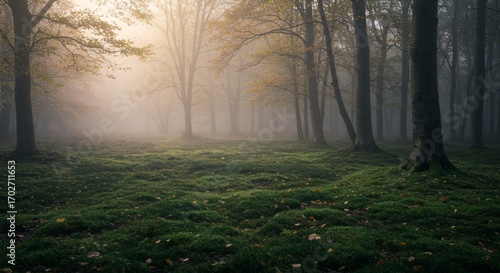A dense forest with tall trees shrouded in fog, a mossy green ground cover dotted with fallen leaves, and soft, diffused light filtering through the mist.