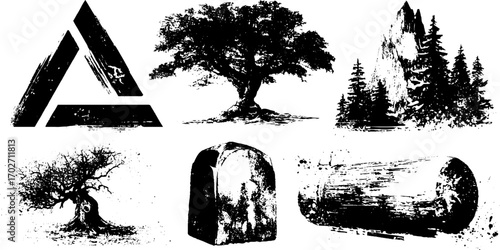 Collection of black ink silhouettes featuring scandinavian symbols and natural elements