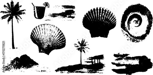 Black ink silhouette set of sea vacation with palm trees, shells, and ocean views