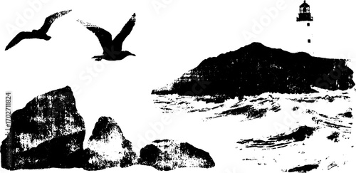 Black ink silhouette of sea landscapes with lighthouse and birds for nautical themed design
