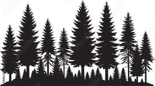 Dense Pine Forest Silhouette Vector with Trees, Branches, and Nature Background