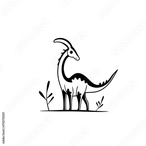 Parasaurolophus. Parasaurolophus simple black and white line art vector logo
