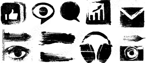 Black ink brush silhouette set of social media icons and elements for modern design