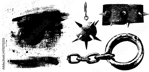 Black ink silhouette of spikes and chains for urban design and grunge art projects