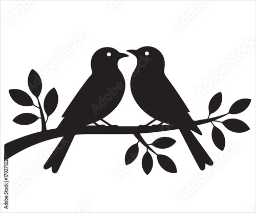 Silhouette of two birds sitting on branch isolated on white, love and romance vector