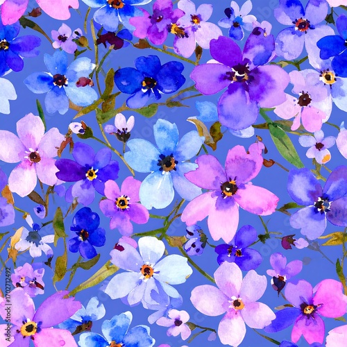 Watercolor floral pattern of various shades of purple, blue, and pink flowers on a periwinkle blue background