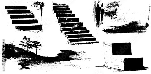 Black ink silhouette of fire escape staircase with grunge texture for urban design