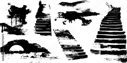 Urban grunge silhouette of stairs and fire escape with ink splatter effect for modern design