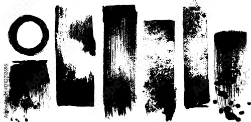 Grunge black ink silhouette set of round and rectangular stamp borders