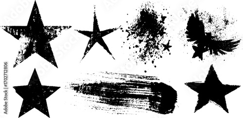 Black ink silhouette set of stars with abstract grunge elements for creative designs