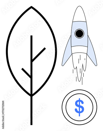 Minimalistic leaf, blue rocket launching, and dollar coin merge nature, innovation, and profit. Ideal for green energy, sustainability, business growth, eco-finance startups clean technology