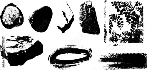 Abstract black ink silhouette textures with stones and natural patterns for design