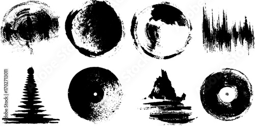 Black ink silhouette of street audio icons with creative grunge elements for urban design