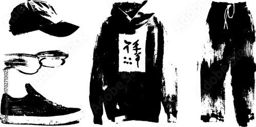 Urban street fashion silhouettes with grunge style clothing and accessories