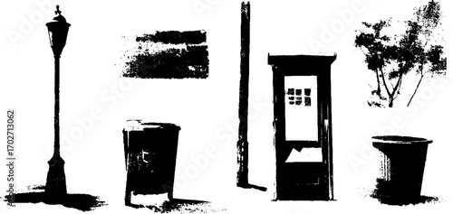 Urban silhouettes: street objects set featuring lamp post, trash bin, and phone booth