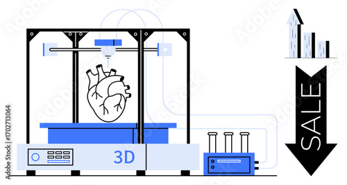 3D printer manufacturing a human heart, adjacent laboratory equipment, with upward and downward sales arrows. Ideal for innovation, science, marketing, healthcare, technology, research simple
