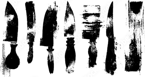 Grunge black ink silhouette of folding street knives for urban art design